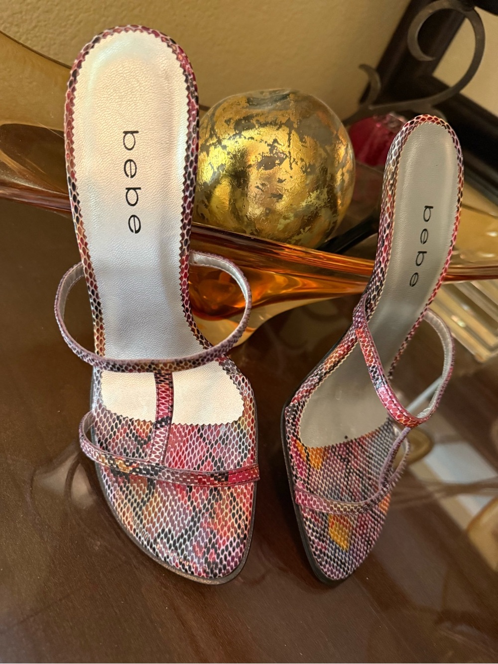bebe Women's Multi-Color Snakeskin-Print Leather Strappy Heels Size 7.5 NEW